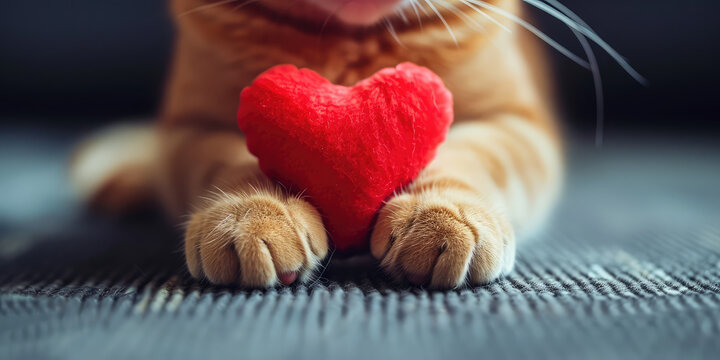 Orange Tabby Cat Holding Red Heart. Close-up of a tabby cat with a fuzzy red heart toy between its paws, expressing affection wallpaper.