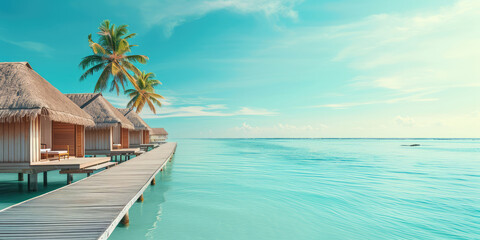 Fototapeta na wymiar Tropical Resort Paradise with Overwater Bungalows, copy space for banner. Blue sky, luxury overwater bungalows with thatched roofs in a tropical island resort, serene blue ocean water.