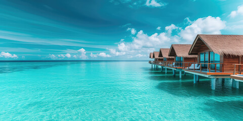 Tropical Resort Paradise with Overwater Bungalows, copy space for simple banner. Panoramic view of luxury overwater bungalows with thatched roofs in a tropical island resort, serene blue ocean water. - obrazy, fototapety, plakaty