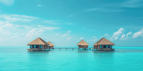 Tropical Resort Paradise with Overwater Bungalows, copy space for banner. Panoramic view of luxury overwater bungalows with thatched roofs in a tropical island resort, serene blue ocean water.