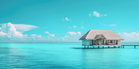 Fototapeta na wymiar Tropical Resort Paradise with Overwater Bungalows, copy space for simple banner. Panoramic view of luxury overwater bungalows with thatched roofs in a tropical island resort, serene blue ocean water.