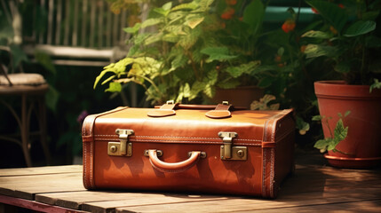 Old vintage suitcase on wooden table background. Retro leather suitcase