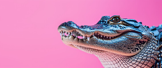 Vivid Chinese Alligator Portrait isolated on flat pink background with copy space, banner template. Close-up of a Chinese alligator opening its mouth. - obrazy, fototapety, plakaty