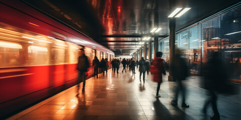 People in a subway station. Blurred motion effect.