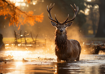 Sun rays in puddle in foog season along with active stag High quality photo