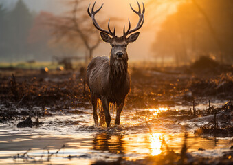 Sun rays in puddle in foog season along with active stag High quality photo