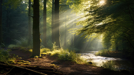 Fototapeta premium Light breaking through the foliage of trees in the forest