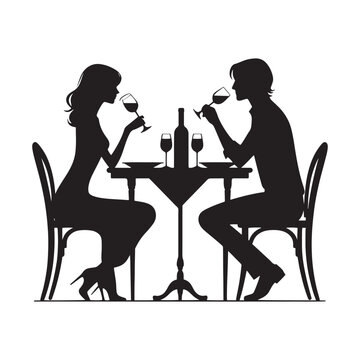Gentle embrace: Detailed silhouette of a romantic dinner, a celebration of love - Couple vector Valentine Silhouette
