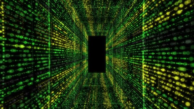 Flight through cyberspace tech, digital space. Hi-tech, bigdata information corridor. Digital binary code walls. Matrix style. Concept of science, motion graphic, computer symbols.Quality 4k footage