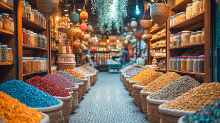 The image shows a row of woven baskets overflowing with a variety of nuts and spices. - obrazy, fototapety, plakaty