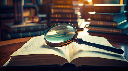 Open book with a magnifying glass on a wooden table against the background of bookshelves
