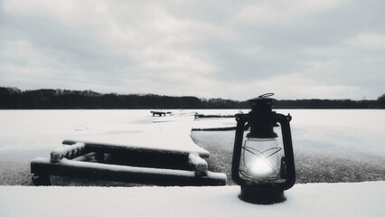 Steg - Winter - Lantern in the Snow - Background - Landscape - Lamp - Retro - Vintage - Concept -...