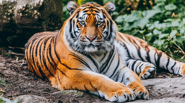 A tiger sitting at the mound in forest High quality photo Fluro-Zombiecore