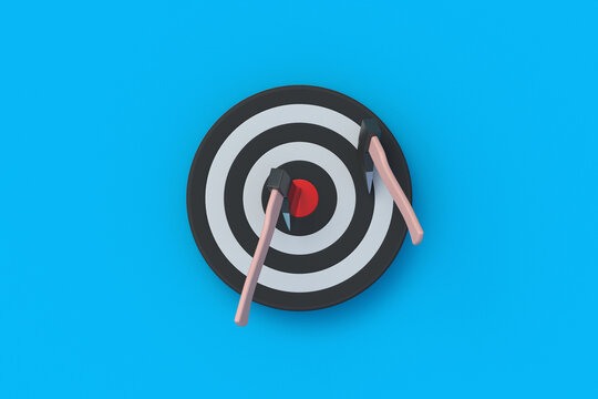 Throwing axe in target. Hitting the goal. Bullseye and ax. Sports competition. 3d render