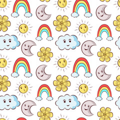 Handrawn cute pattern with sun, rainbow, cloud and moon vector design