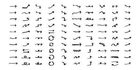black hand drawn arrow set.Collection of hand drawn isolated arrows.Black doodle arrows.