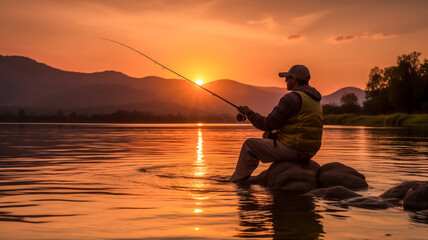 Man fishing at sunset on serene mountain lake