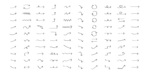 black hand drawn arrow set.Collection of hand drawn isolated arrows.Black doodle arrows.