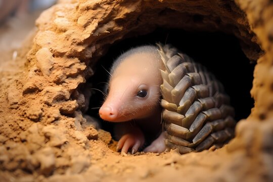 A baby armadillo curled up in a cozy burrow underground.