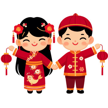illustration of children celebrating Chinese New Year. simple and minimalist design. Happy Chinese new year