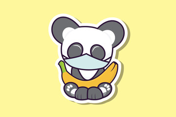 Cute Teddy Bear wearing mask with banana sticker design vector illustration. Animal nature icon concept. Flat cartoon style icon design.
