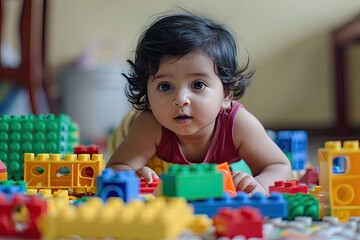 Adorable indian baby girl playing with bricks indoors
