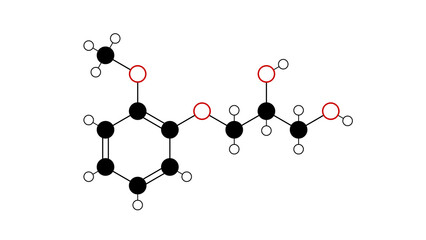 guaifenesin molecule, structural chemical formula, ball-and-stick model, isolated image glyceryl guaiacolate