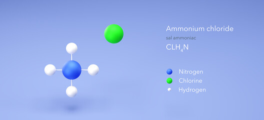 ammonium chloride molecule, molecular structures, sal ammoniac, 3d model, Structural Chemical Formula and Atoms with Color Coding