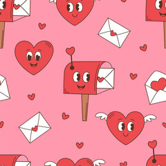 seamless pattern with groovy  post box, envelope, heart for Valentine Day - 710649928