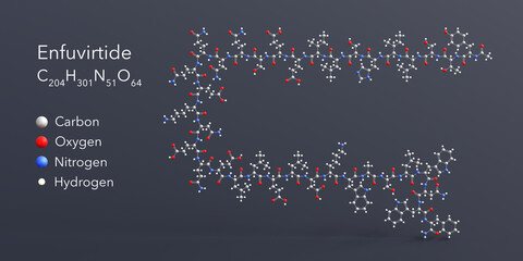 enfuvirtide molecule 3d rendering, flat molecular structure with chemical formula and atoms color coding