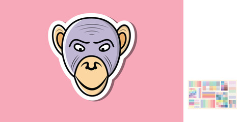 Monkey Head Cartoon Character Sticker vector illustration. Animal nature icon concept. cheerful monkey head sticker vector design on pink background with shadow.
