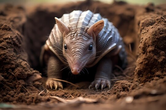 A baby armadillo digging in soft soil, looking inquisitive.
