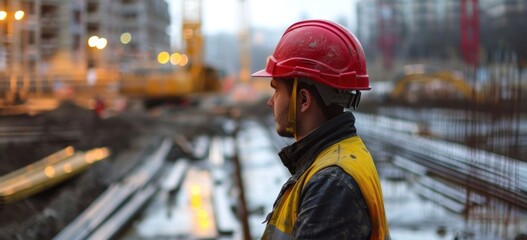 Construction worker oversees building site at dusk. Industry and development.
