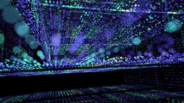 Flight through cyberspace tech, digital space. Hi-tech, bigdata information corridor. Digital binary code walls. Matrix style. Concept of science, motion graphic, computer symbols