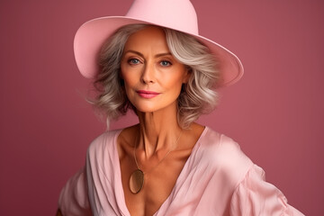 Beautiful tanned woman 60 years old in a hat close-up on a pink background, portrait