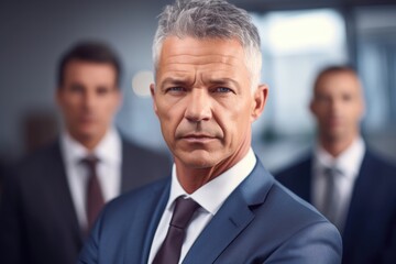 portrait of a mature businessman standing in an office with colleagues in the background