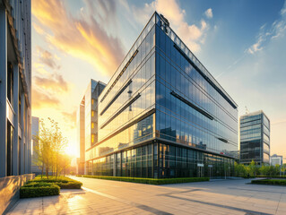 Modern office building at sunset. Perspective view of modern office building. 3d rendering