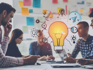 Creative ideas concept with lightbulb and business people working in office