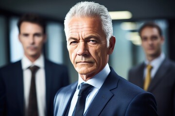 portrait of a mature businessman standing in an office with colleagues in the background