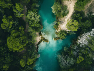 Naklejka na ściany i meble Aerial drone view of beautiful turquoise water of the river in the forest