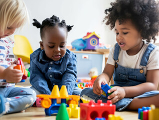 Cute little children playing with toys in a playroom at home