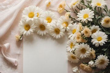 A romantic concept with white daisies and white greeting card