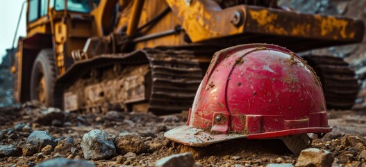 Red hard hat on construction site with heavy machinery in background. Workplace safety.