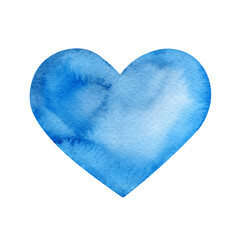 Hand drawn watercolor illustration of blue heart isolated on a white background.