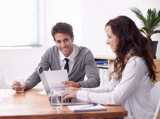 Business people, collaboration and planning on computer in office with documents for editing, review and feedback. Portrait of manager, editor or man and woman on laptop for copywriting advice