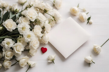 A minimal romantic concept with white roses, red heart and note paper