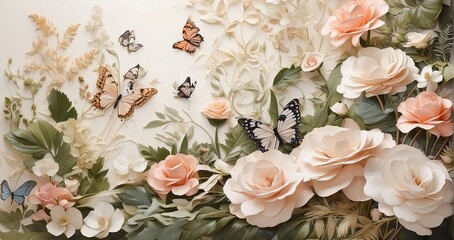An image of an elegant garden alive with a ballet of butterflies fluttering around elegant blossoms and delicate ferns - Generative AI