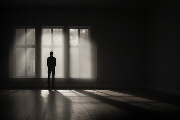 The silhouette of a lonely man in an empty dark room.