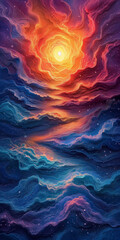 A colorful wallpaper of colorful ripples with fire near the night sky, Generative AI