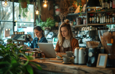 Smiling woman with laptop, enjoys coffee in a cafe while working on business and technology tasks
